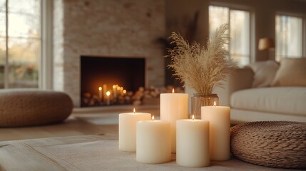 Beige room candles on a mantelpiece Close up of a frame mockup capturing the soft light Modern cozy design with plush furnishings 3D render of comfort and style