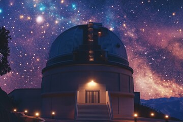 Obraz premium Grand celestial observatory reveals stunning starry night sky with twinkling galaxies