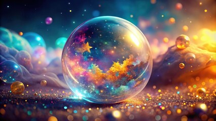 A Cosmic Dream Encapsulated in a Crystal Sphere, Surrounded by Shimmering Dust and Ethereal Bubbles
