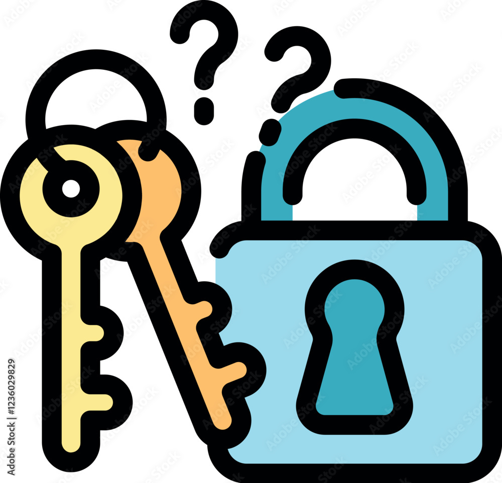 Poster bunch of keys near closed padlock with question marks raising doubts about security and access