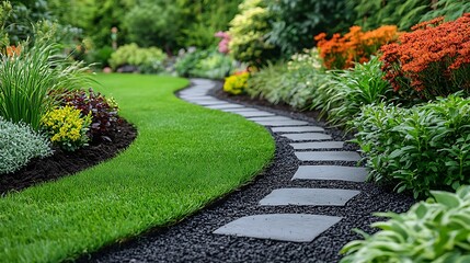 A charming Easter-themed garden with eggs hidden among colorful flowerbeds and lush green grass.