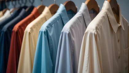 Elegant formal shirts in various colors hanging on a rack inside a clothing store