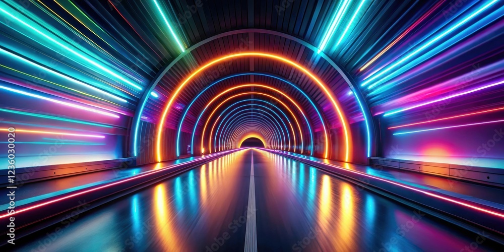 Poster neon lights illuminate a futuristic tunnel with a glowing road leading towards a bright exit
