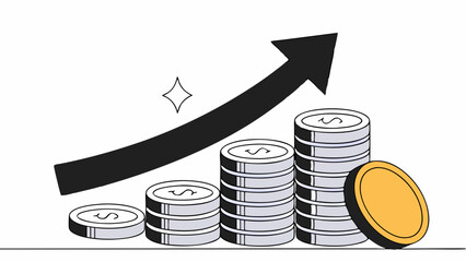 A series of stacked coins increases in height from left to right, symbolizing financial growth. An upward arrow above the stacks further emphasizes the concept of rising wealth or profits.AI