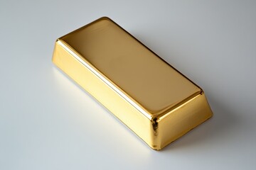 A shiny gold bar rests on a white surface