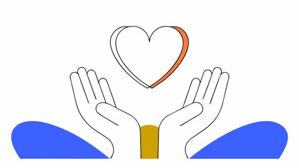 Obraz premium Two open hands are positioned beneath a heart, symbolizing care and support. The scene is set against a simple white backdrop with blue and gold accents.AI