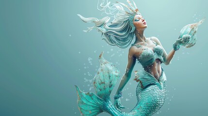 A blue mermaid with long white hair.