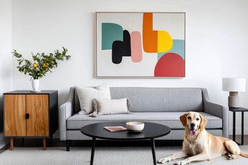 A cozy living room featuring a dog, modern furniture, and vibrant artwork.