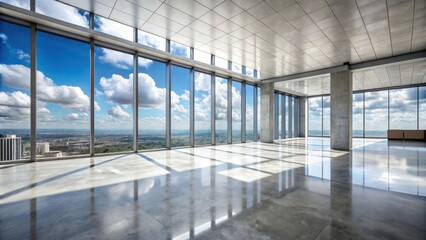 Obraz premium An expansive, light-filled office space with panoramic city views and concrete columns, offering a modern and inspiring environment for work and collaboration.