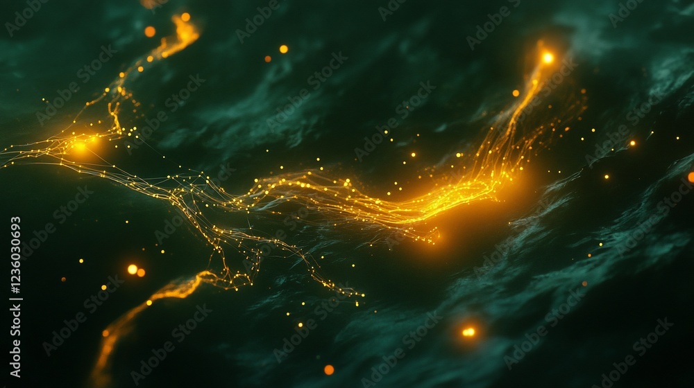 Poster abstract glowing golden lines on a dark, textured background create an ethereal and dynamic scene