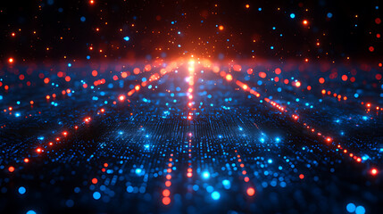 Obraz premium Red blue data streams converge, glowing particles, dark background, digital backdrop