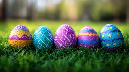 Fototapeta premium A close-up of pastel-colored Easter eggs hidden under soft grass and small flowers, ready for an Easter egg hunt.