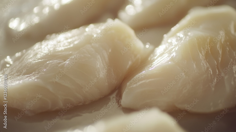 Poster freshly sliced fish fillets arranged neatly on a clean surface, showcasing their texture and color