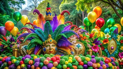 Fototapeta premium Vibrant Mardi Gras float with colorful feathers and sequins surrounded by lush greenery and vibrant flowers in a festive parade atmosphere, balloons, greenery