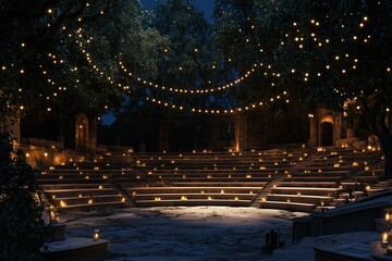 Grand enchanted amphitheater illuminated by floating lights at night