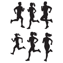 Man and woman runner silhouettes set, large pack of vector silhouette design, isolated white background