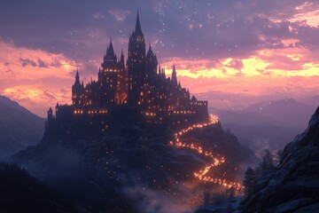 Naklejka premium Grand enchanted castle illuminated by twilight glowing above the mountains