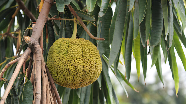 Bael fruit hanging on a tree.