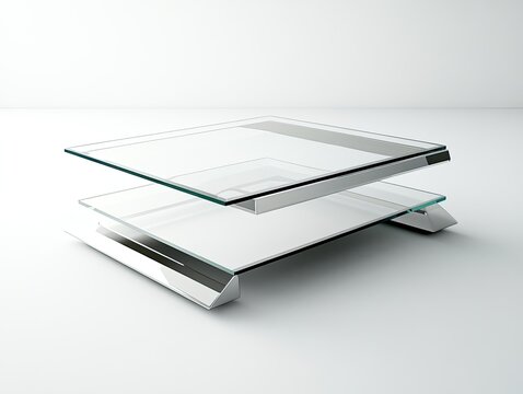 Modern minimalist two-tiered glass and metal side table on a white background