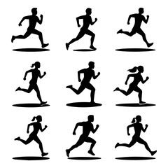 Man and woman runner silhouettes set, large pack of vector silhouette design, isolated white...