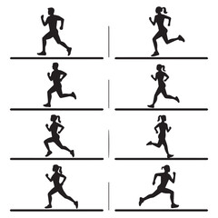 Man and woman runner silhouettes set, large pack of vector silhouette design, isolated white background