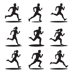 Man and woman runner silhouettes set, large pack of vector silhouette design, isolated white background