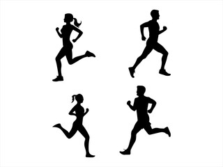 Man and woman runner silhouettes set, large pack of vector silhouette design, isolated white background