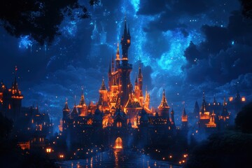 Obraz premium Majestic enchanted castle with spires glowing under a starry night sky