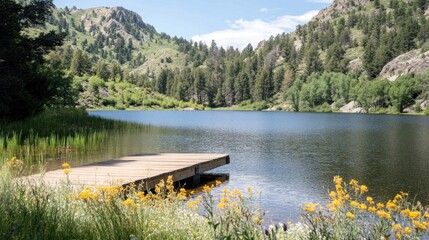 A serene lake view with a wooden dock surrounded by lush greenery and wildflowers.