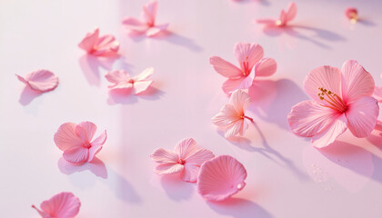 Delicate pink flower petals with a glossy texture and vibrant colors scattered on a reflective surface