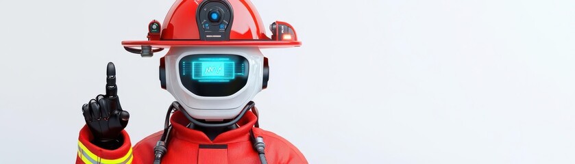 Fototapeta premium A futuristic robot firefighter pointing upwards with a modern helmet.