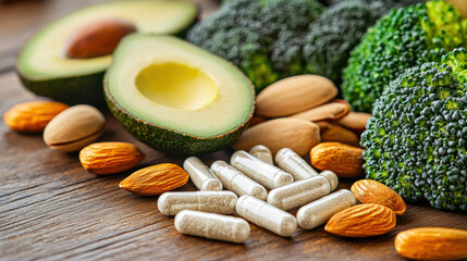 Fresh avocados, broccoli, almonds, and dietary supplements on a wooden table.