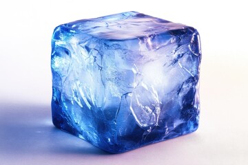 Fototapeta premium Frosty blue ice cube showcasing intricate cracks on a clean backdrop, ideal for seasonal designs and refreshing visuals in culinary or beverage presentations