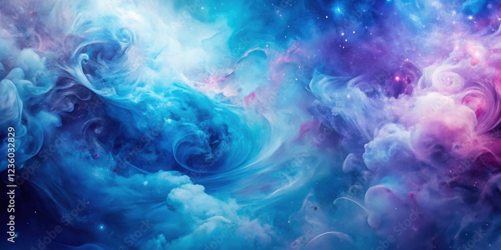 Poster a swirling nebula of blue and purple clouds with sparkling stars scattered throughout the cosmic exp