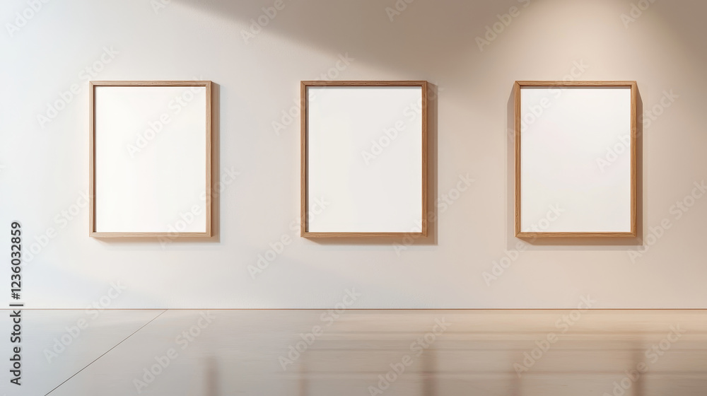 Poster minimalist gallery with three empty frames showcasing blank canvas for artwork display.