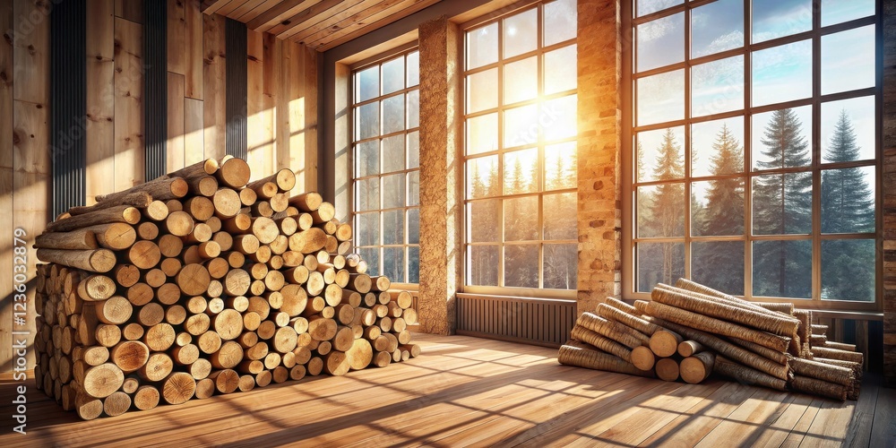 Poster A Rustic Room with a Stack of Logs in the Corner and a Large Window Looking Out onto a Forest