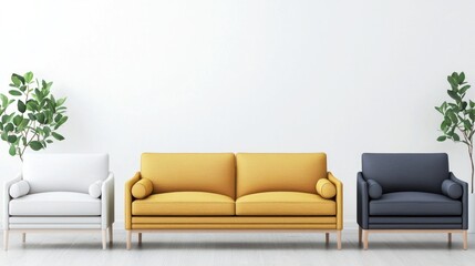 Modern Living Room with Yellow Sofa and Armchairs