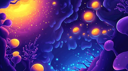 Abstract glowing cave scene, vibrant colors, fantasy