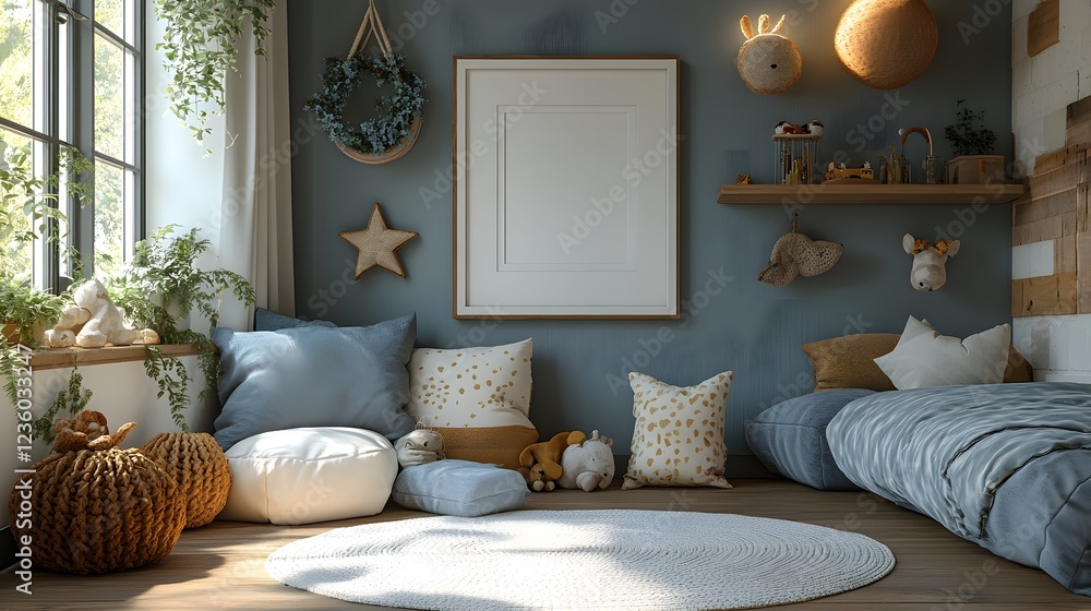 Poster bright airy children's room with a white mock up frame on a charming shelf soft furnishings and play