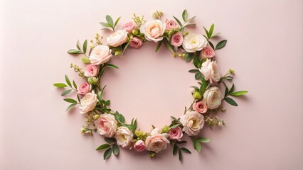 A delicate wreath of soft pink roses and greenery on a blush background, creating a romantic and elegant floral frame.
