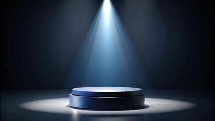 A dark stage with a spotlight illuminating an empty podium ready for a product or presentation.