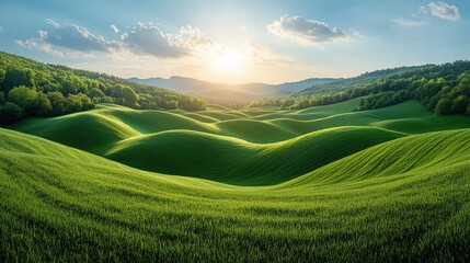Fototapeta premium Serene Wide Landscape of Rolling Green Hills Under a Bright Sky with Gentle Clouds and a Warm Sunlight at Dusk