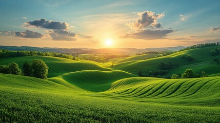 Obraz premium Serene Wide Landscape of Rolling Green Hills Under a Stunning Sunset with Soft Clouds and Warm Light Bathing the Field