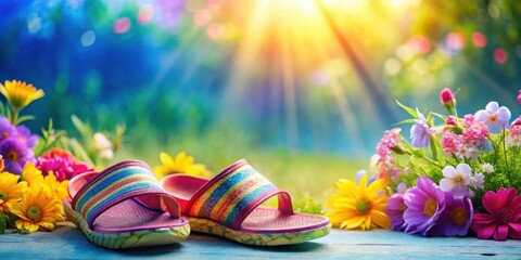 Striped sandals resting amongst a vibrant floral bouquet, bathed in warm sunlight, a symbol of summer's carefree joy