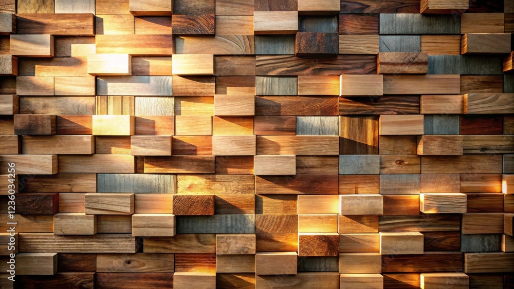 Aufkleber a textured wall constructed from a mosaic of wooden blocks, illuminated by warm sunlight. the variou