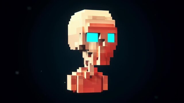 3D voxel-style skeleton character with glowing cyan eyes and ribcage details floating against dark background. Minimalist cubic design with retro gaming aesthetics.