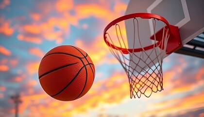 A basketball flies through the air towards a basketball hoop with a white net against a colorful sky with the first signs of sunset - generative AI