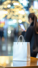 Naklejka premium Woman shopping in a store with a white bag while using her phone in a brightly lit location