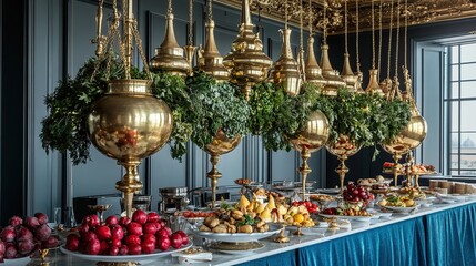 Golden vessels, herbal d?cor, buffet, city view, luxury event