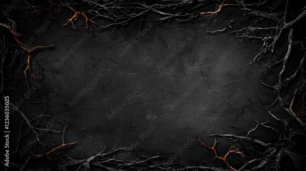 Poster dark gothic background with twisted branch frame and textured surface